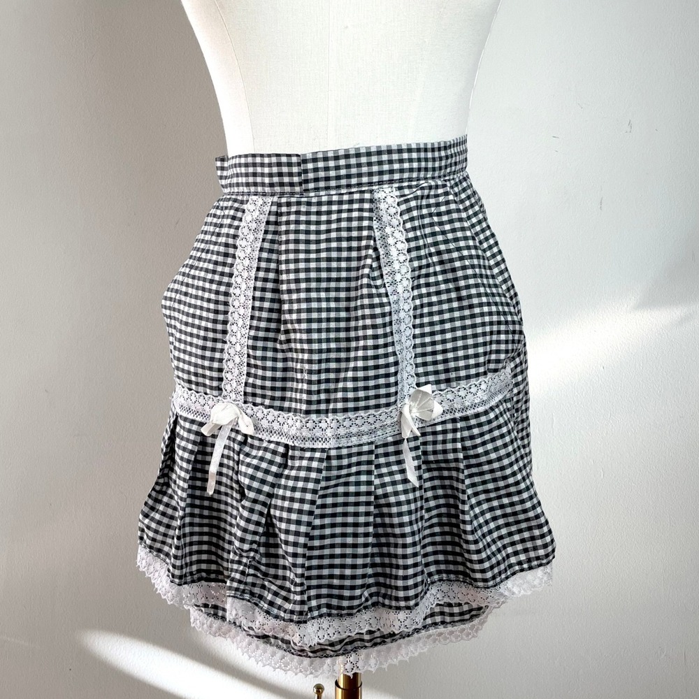 Vintage Gingham Half Apron‎ Black White Check Lace Trim Bows Cottagecore Retro